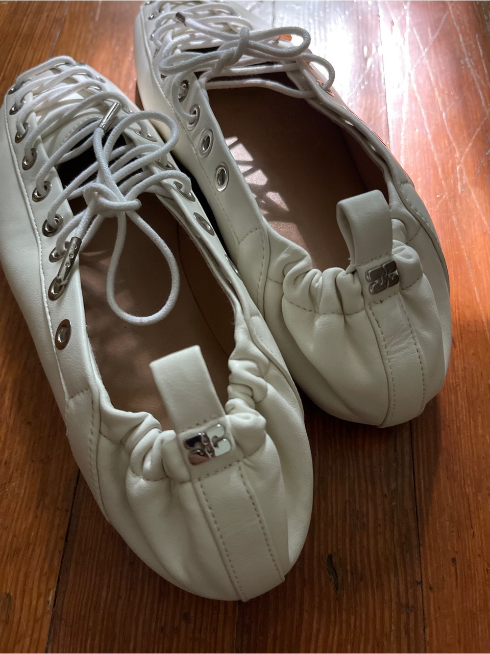 NWOT GANNI Lace-Up Ballerinas in Ivory Egret Eggshell White Chic Cool Sporty - Picture 11 of 13